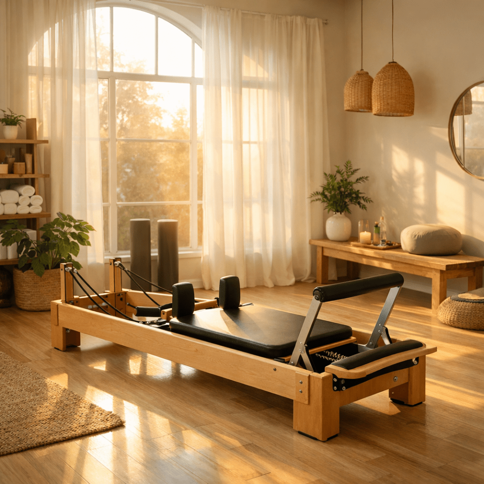 Pilates reformer machine in a bright room with wooden floor and plants
